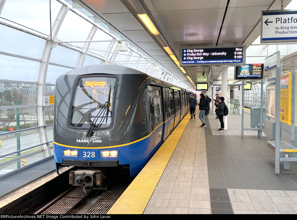 A eastbound Skytrain arrives into Main Street-Science World Station heading to King George